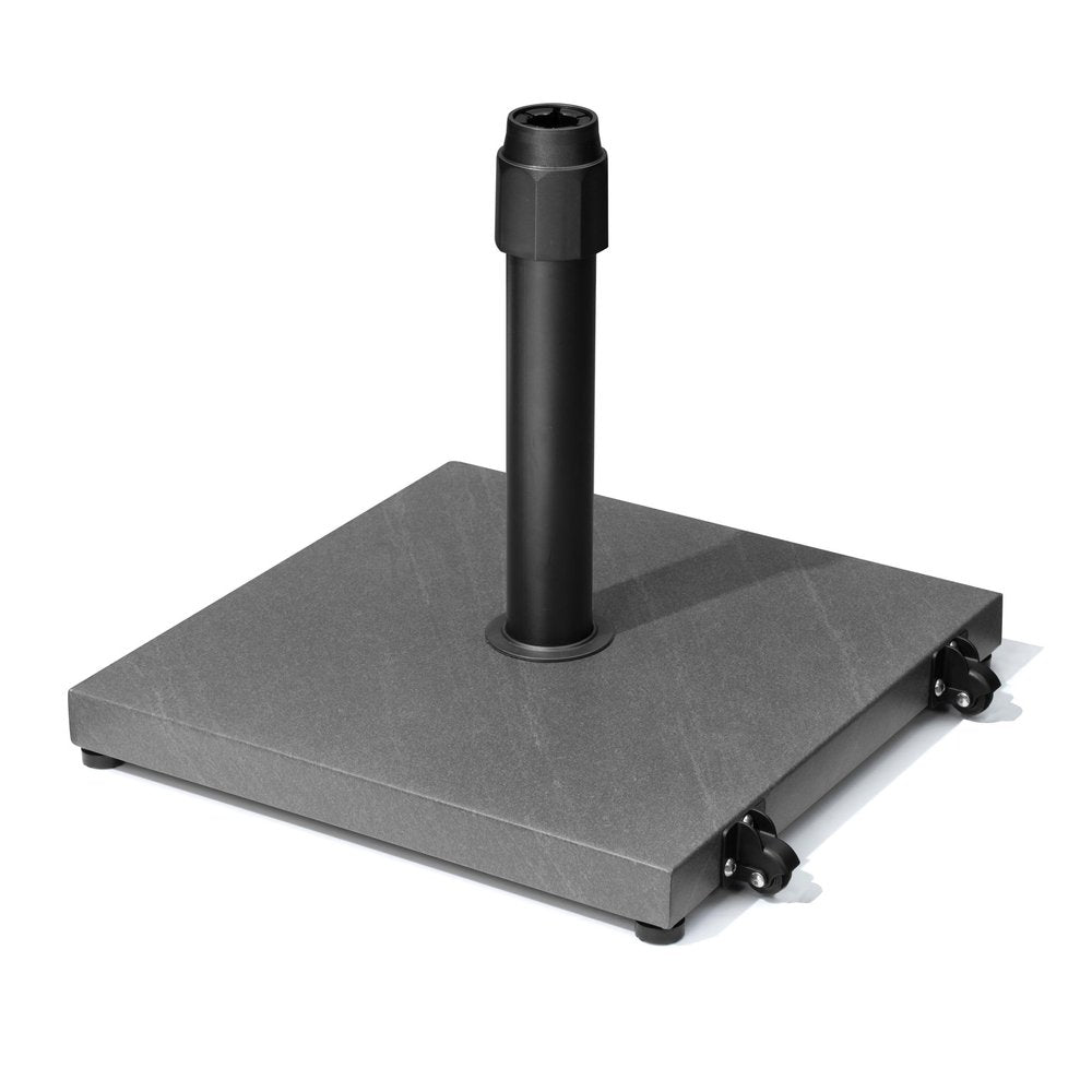 Square gray market umbrella base with black pole and wheels on a white background.