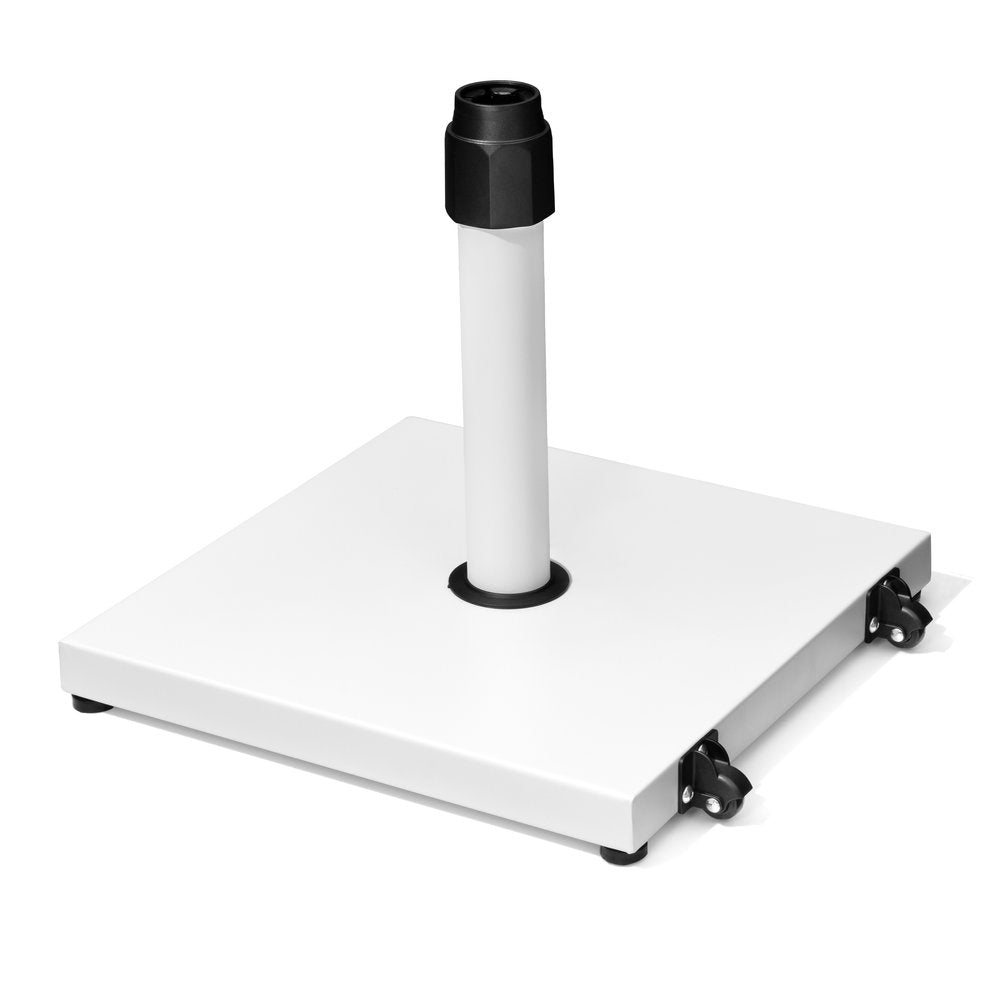 White steel market umbrella base with wheels and adjustable pole holder on a white background.