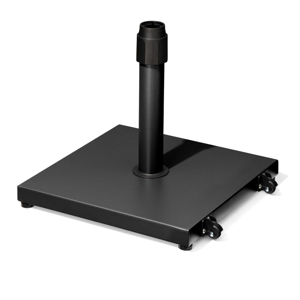 Black steel market umbrella base with wheels and adjustable pole holder on a white background.