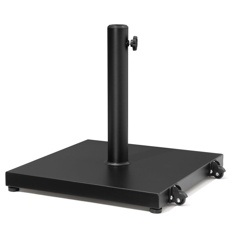 Black steel market umbrella base with wheels and adjustable knob on a white background.