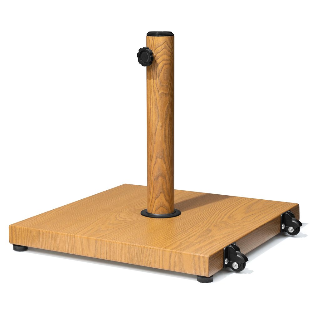 Light brown wooden market umbrella base with black wheels and adjustable knob on a white background.