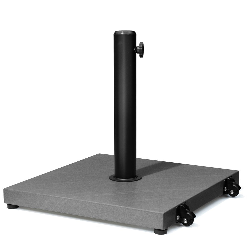 Square gray market umbrella base with black steel pole and wheels on a white background.