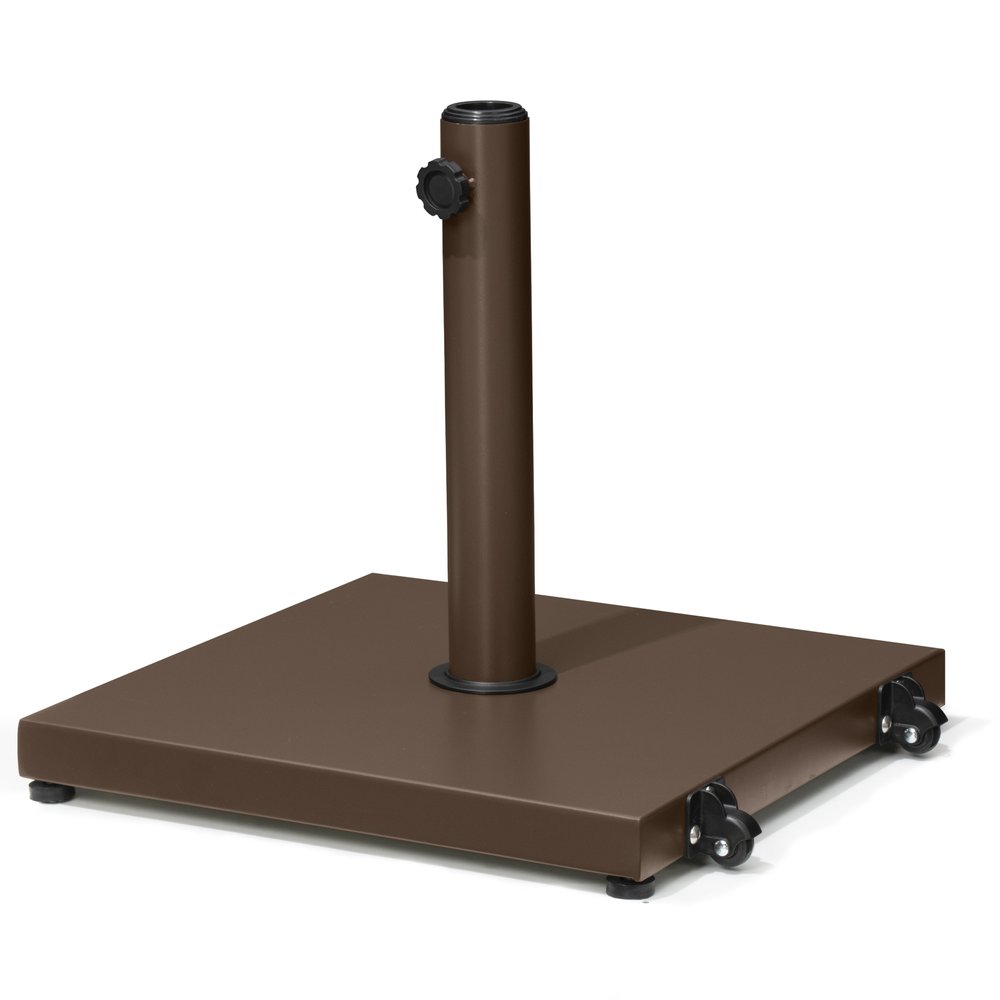 Brown steel market umbrella base with adjustable knob and wheels on a white background.