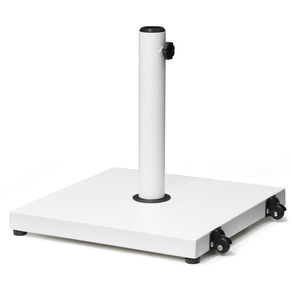 White steel market umbrella base with wheels and adjustable knob on a white background.