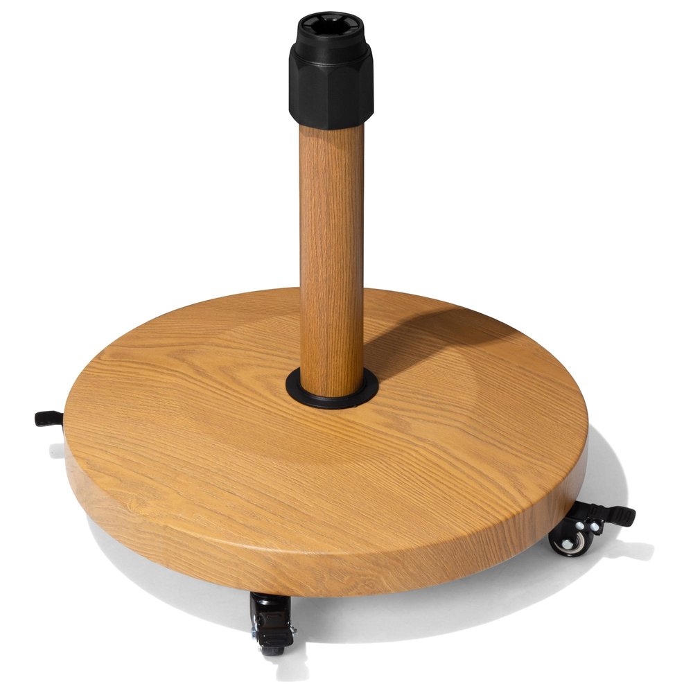 Round light brown wood-finish umbrella base with black accents and wheels on a white background.