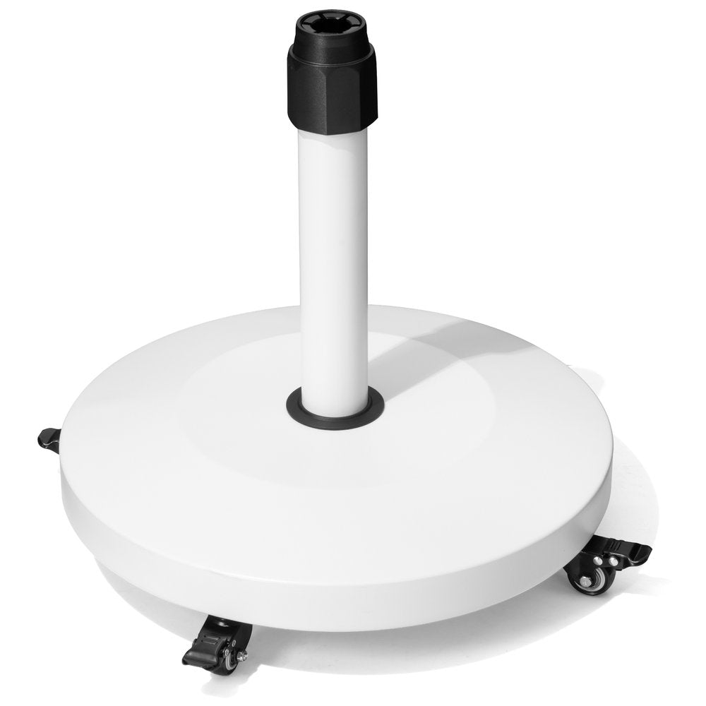 White round market umbrella base with wheels and a black adjustable pole holder, on a white background.