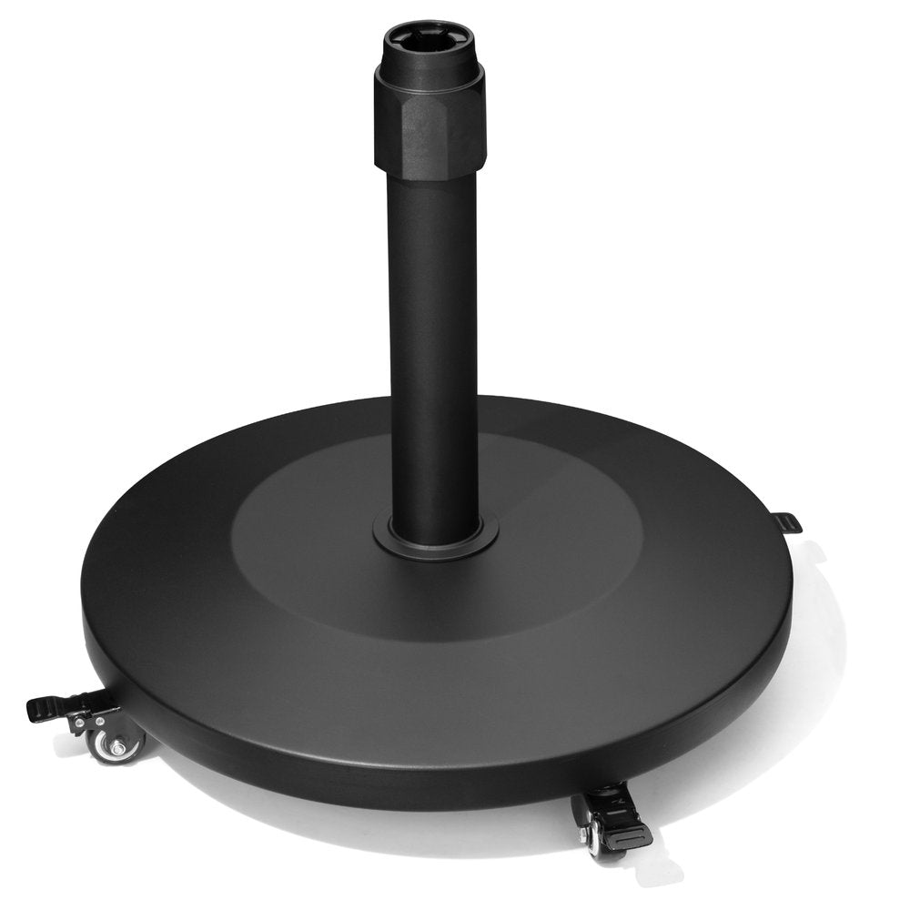 Black steel market umbrella base with wheels on a white background.