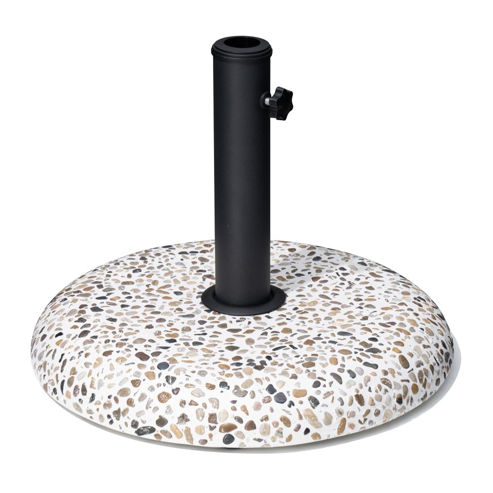 Round terrazzo umbrella base with a black steel pole and adjustable knob on a white background.