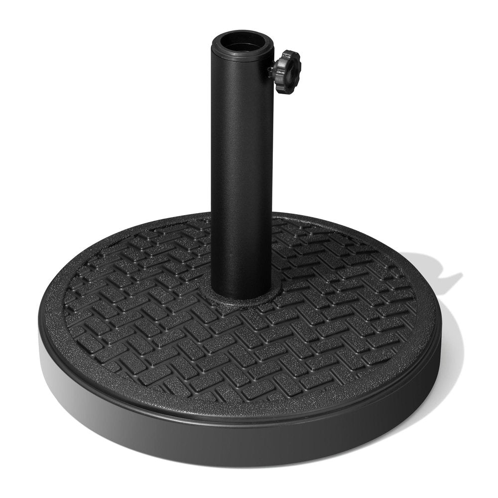 Black fillable umbrella base with textured surface and adjustable knob, on a white background.