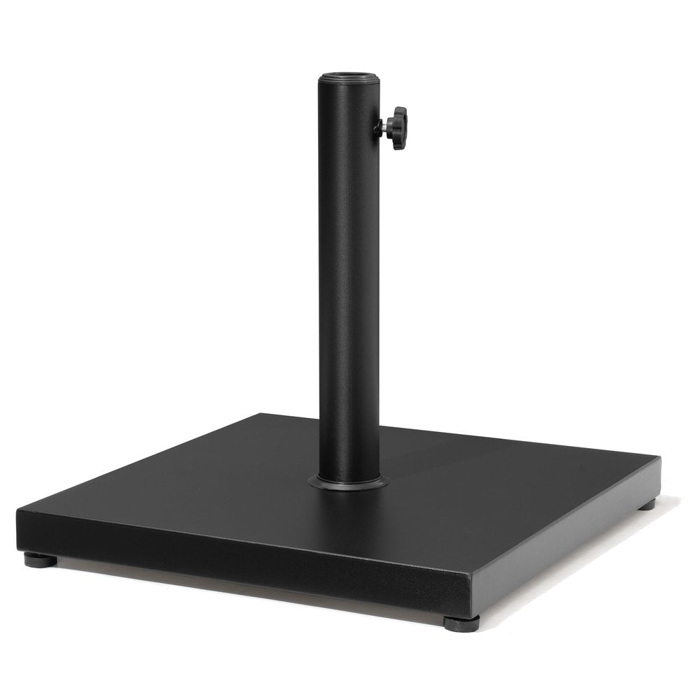 Black steel umbrella base with adjustable knob on a white background.