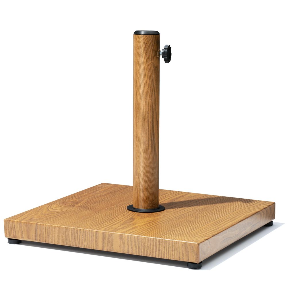 Wooden market umbrella base with a black adjustable knob and black feet on a white background.
