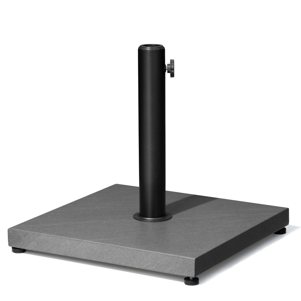 Gray square umbrella base with black pole and adjustable knob on a white background.
