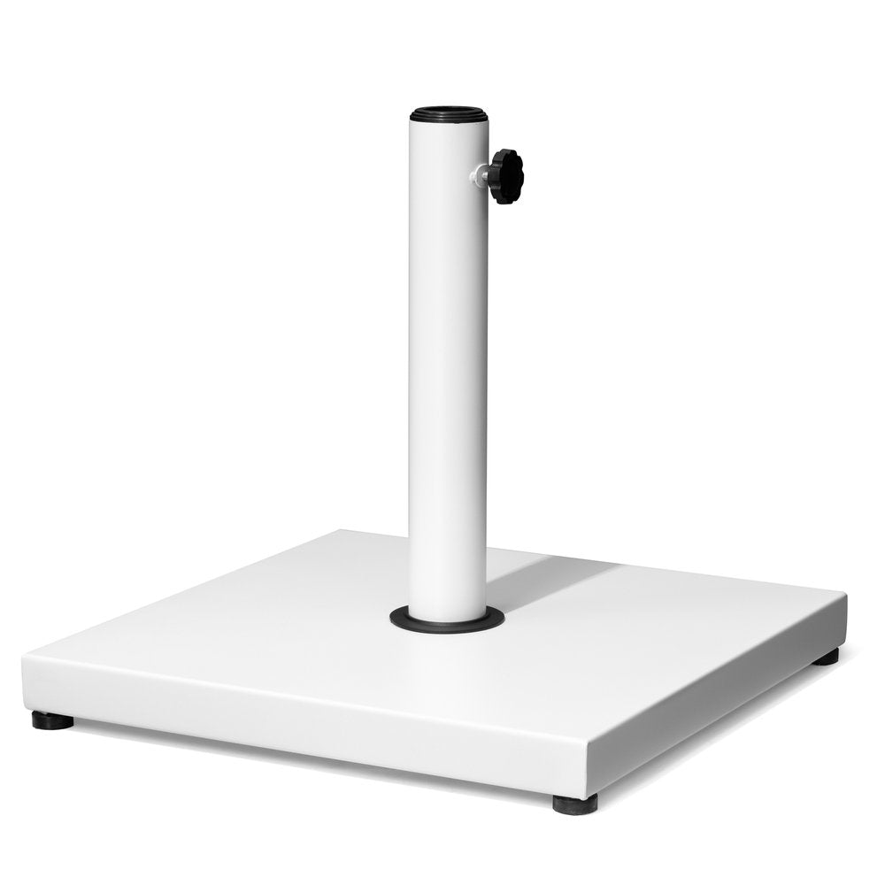 White steel market umbrella base with black knob and black feet on a white background.