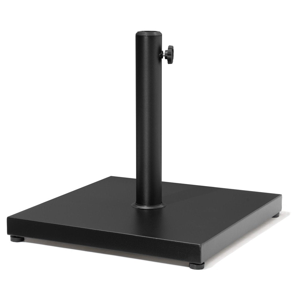 Black steel market umbrella base with adjustable knob on a white background.