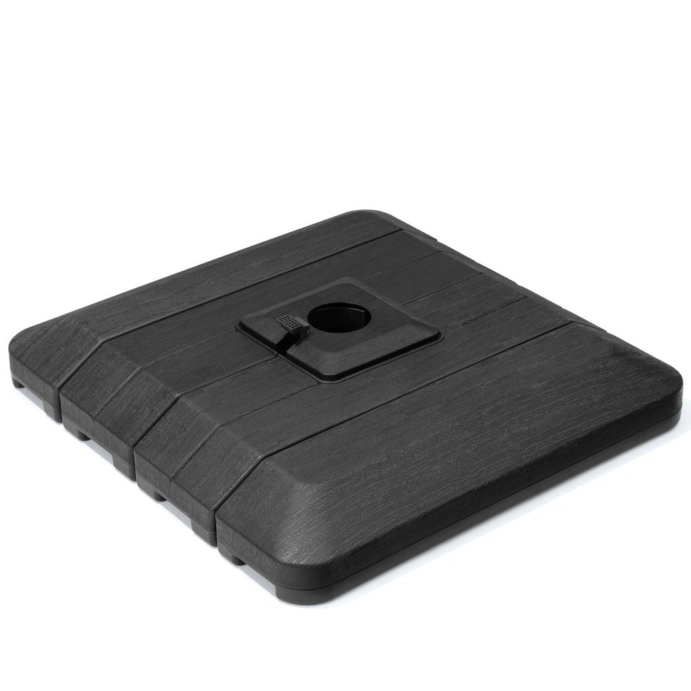Black plastic cantilever umbrella base with a textured wood-grain finish on a white background.