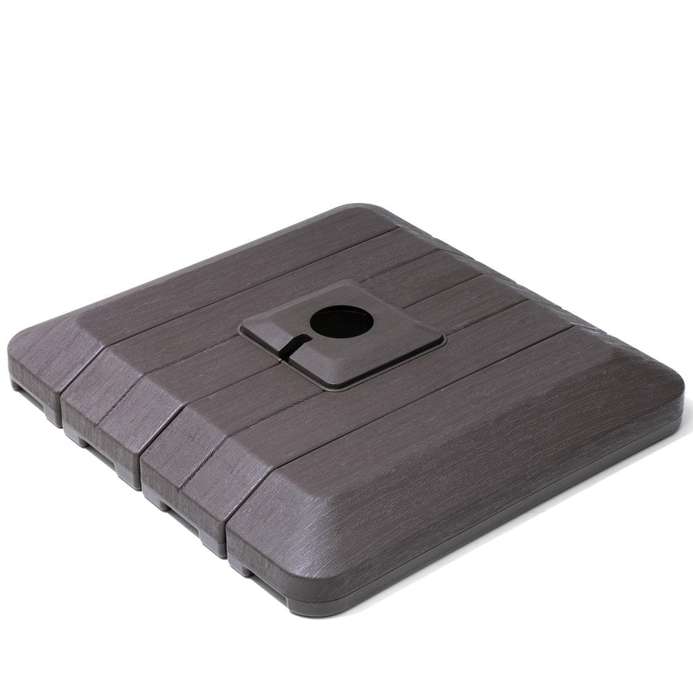 Brown square umbrella base with a wood-grain finish and a central hole for an umbrella pole, on a white background.