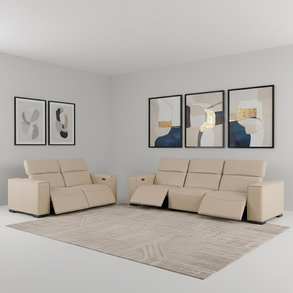 Two Piece Beige Genuine Leather Five Person Seating Set