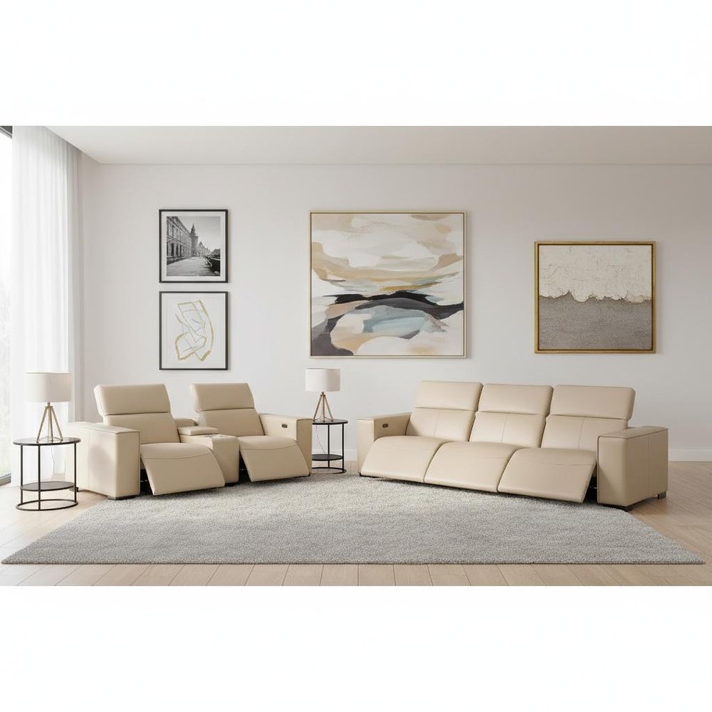 Two Piece Beige Genuine Leather Five Person Seating Set