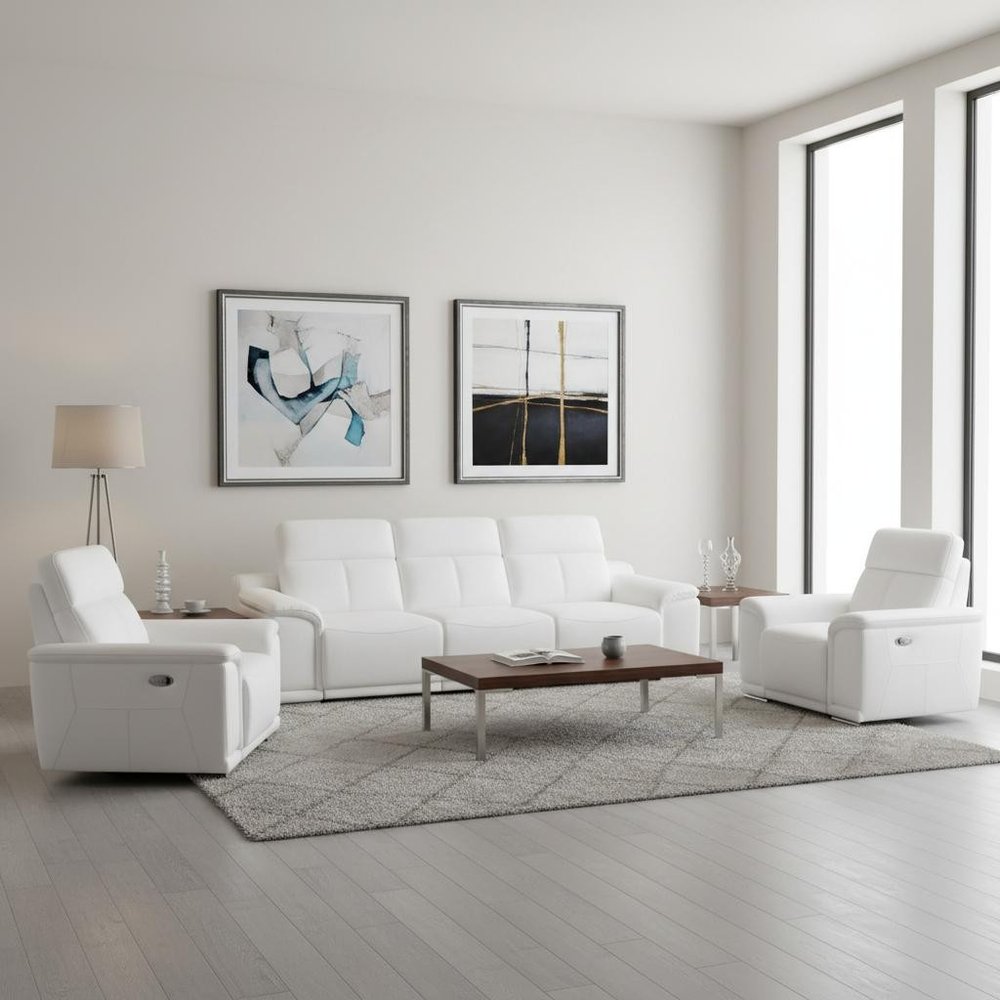 Three Piece White Genuine Leather Six Person Seating Set