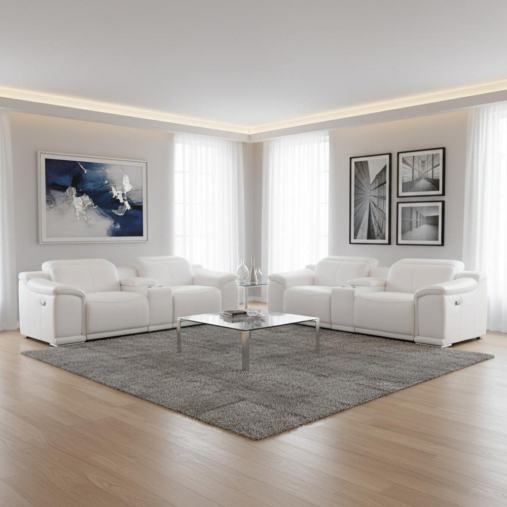 Three Piece White Genuine Leather Six Person Seating Set