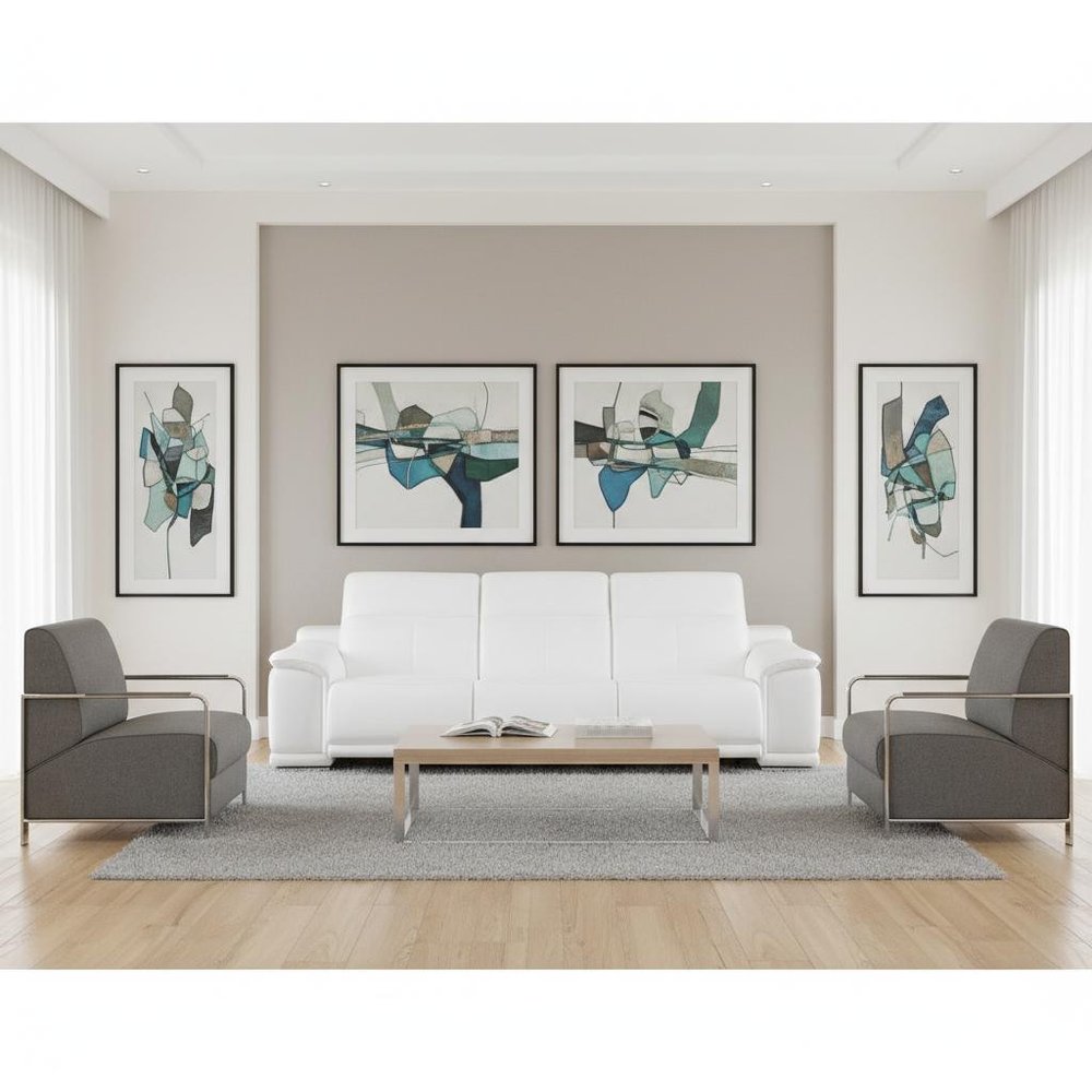 Three Piece White Genuine Leather Six Person Seating Set