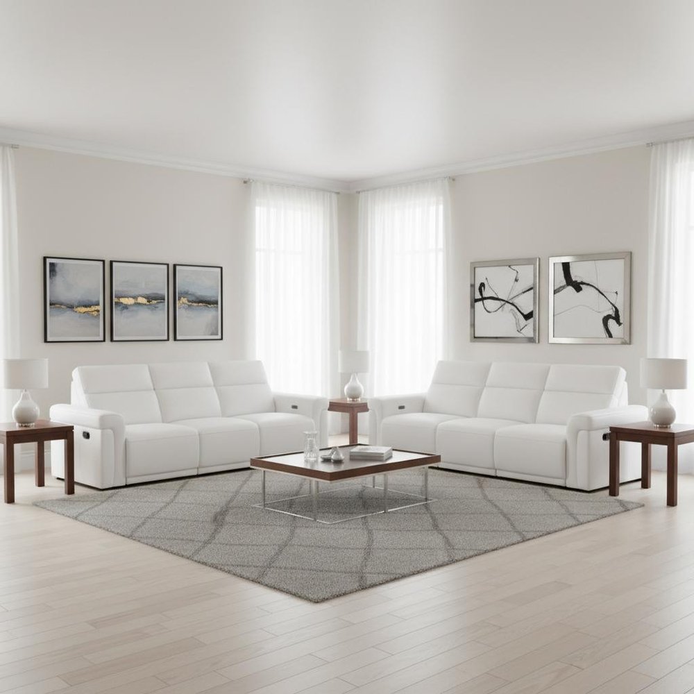 Three Piece White Italian Leather Six Person Seating Set