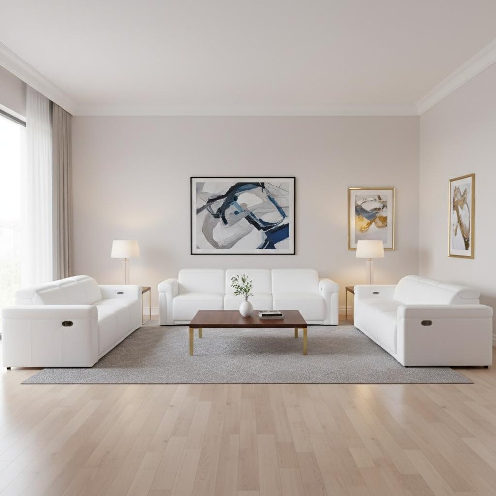 Three Piece White Italian Leather Six Person Seating Set