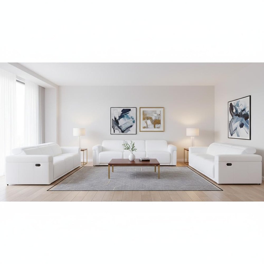 Three Piece White Italian Leather Six Person Seating Set