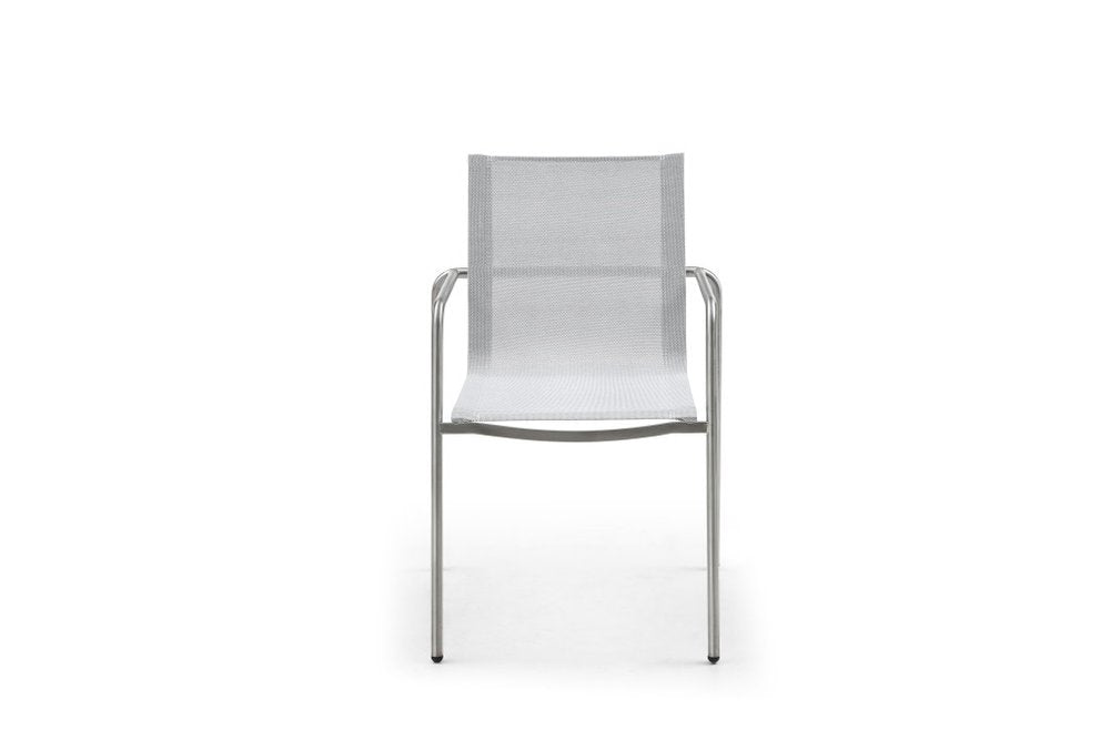 Set of Four Light Gray Steel Sling Outdoor Arm Chairs