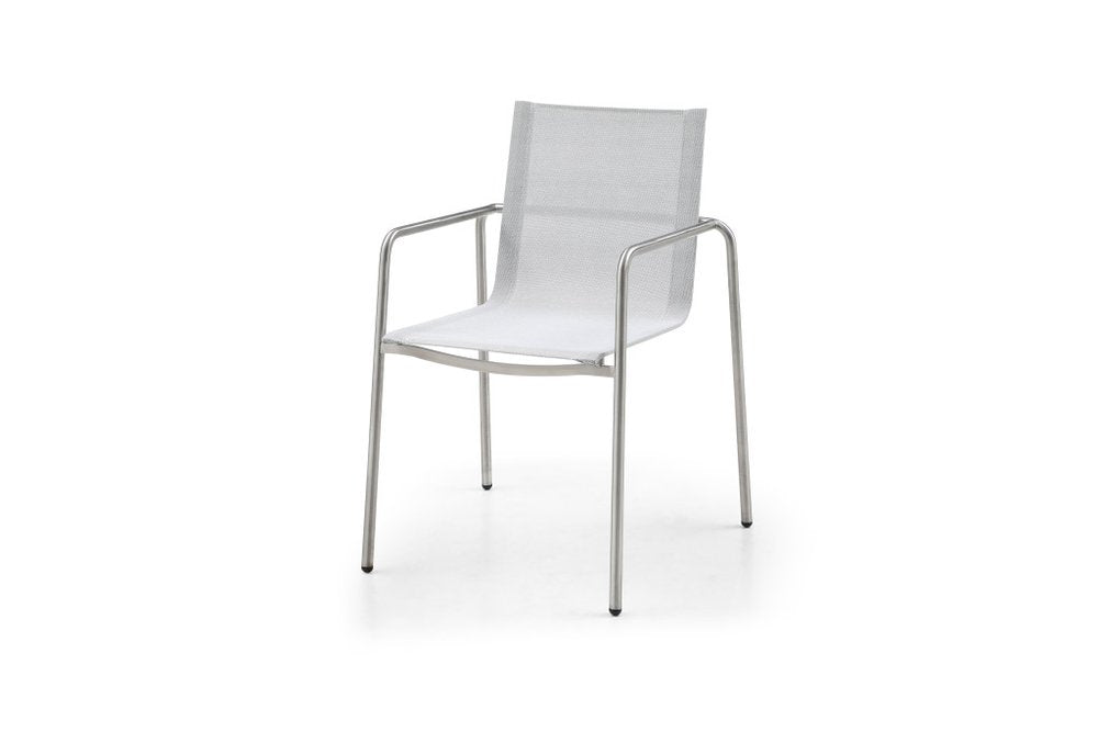 Set of Four Light Gray Steel Sling Outdoor Arm Chairs