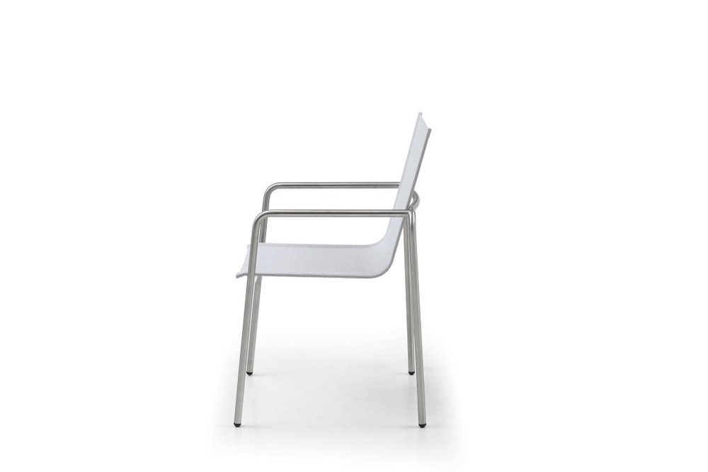 Set of Four Light Gray Steel Sling Outdoor Arm Chairs