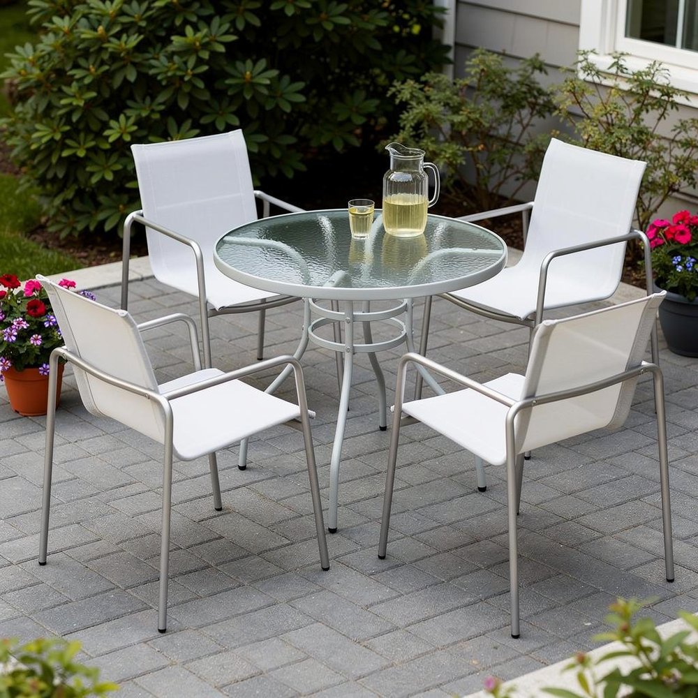 Set of Four Light Gray Steel Sling Outdoor Arm Chairs