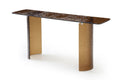 Bronze glass console table with textured double pedestal legs on a white background.