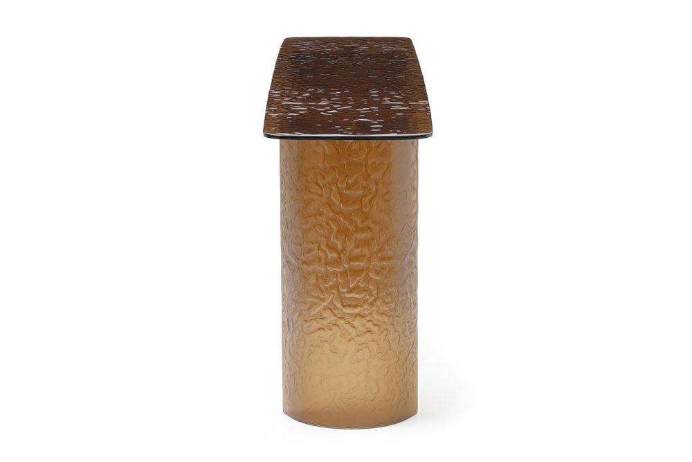 63" Bronze Glass Double Pedestal Console Table. Console table isolated on a plain white background, showing a glass surface.