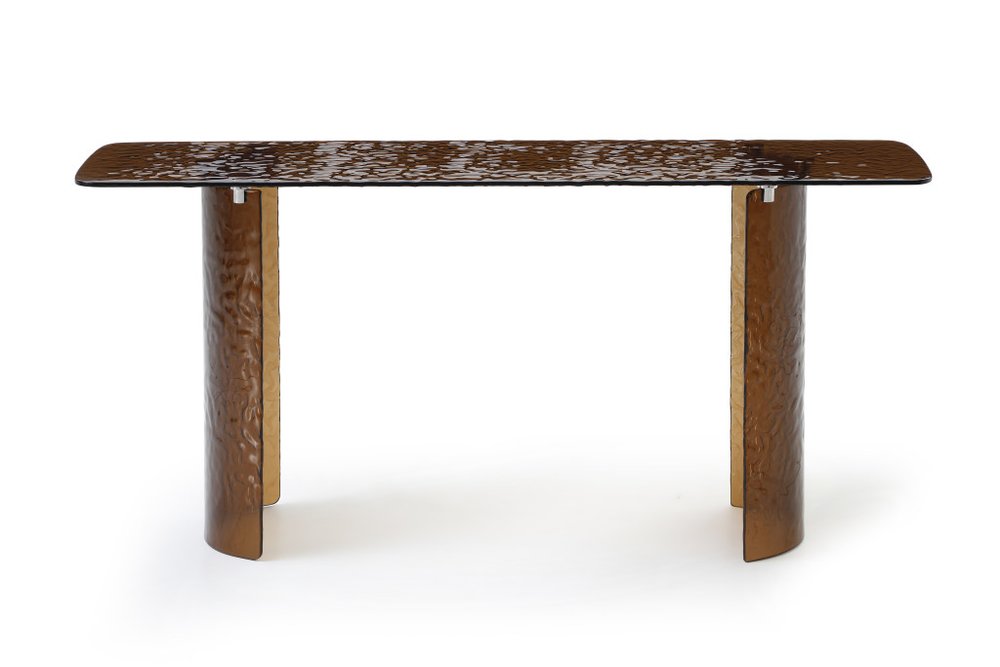 63" Bronze Glass Double Pedestal Console Table. Console table isolated on a plain white background, showing a glass surface.
