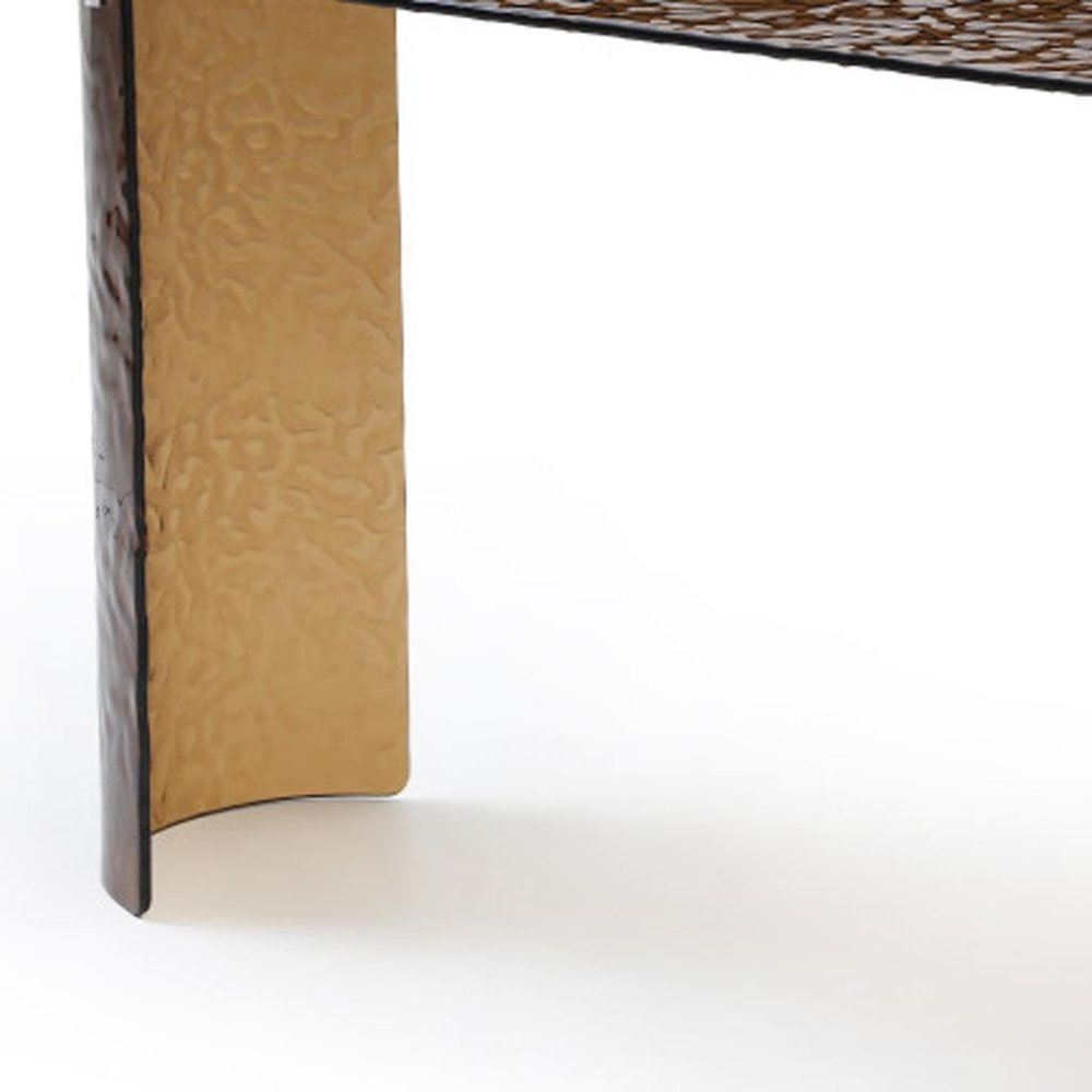 63" Bronze Glass Double Pedestal Console Table. Console table isolated on a plain white background, showing a bronze glass surface.