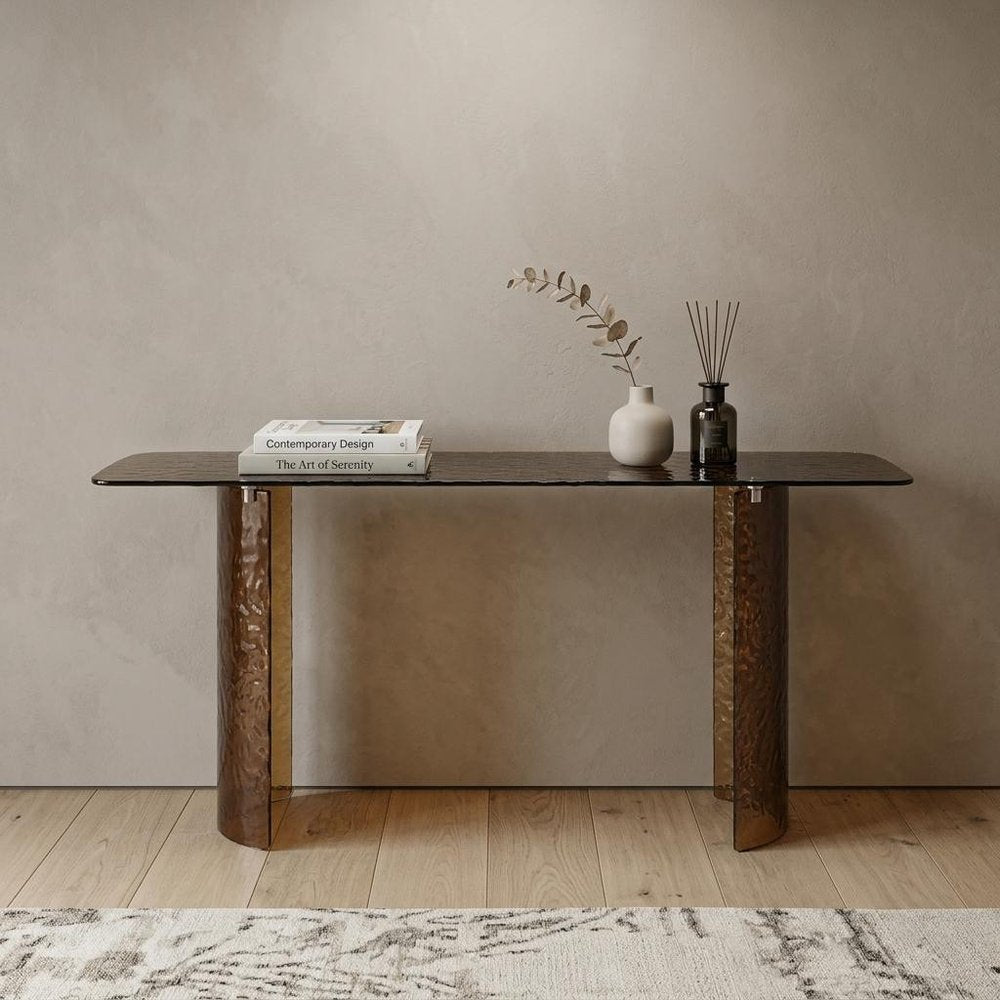 63" Bronze Glass Double Pedestal Console Table.