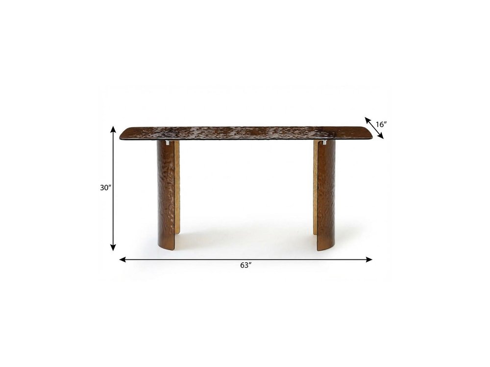 63" Bronze Glass Double Pedestal Console Table. Console table isolated on a plain white background, showing a glass surface.