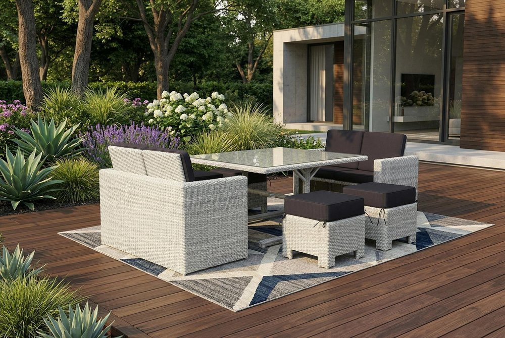Seven Piece White and Dark Gray Wicker Upholstered Cushions Outdoor Patio Set With Table