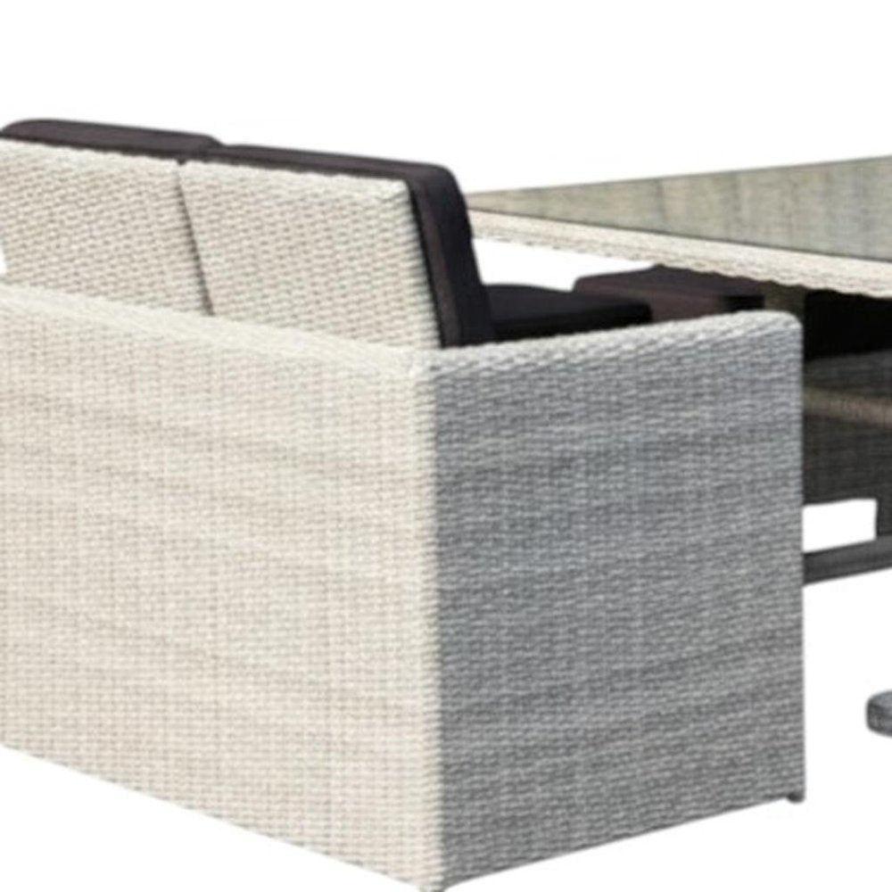 Seven Piece White and Dark Gray Wicker Upholstered Cushions Outdoor Patio Set With Table on a white background