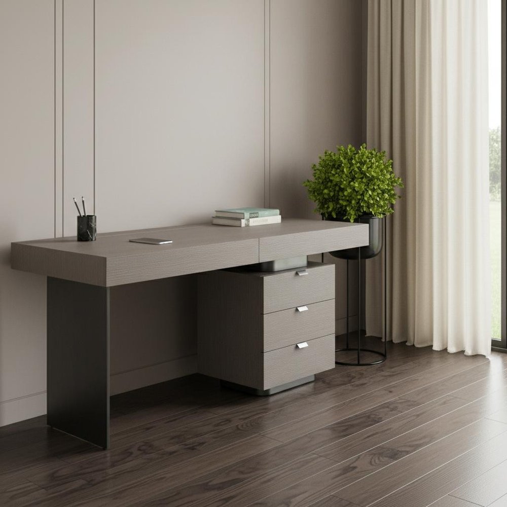 71" Gray Wood and Stainless Steel Computer Desk With Five Drawers