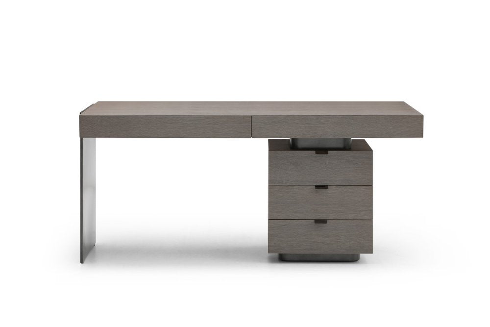 71" Gray Wood and Stainless Steel Computer Desk With Five Drawers