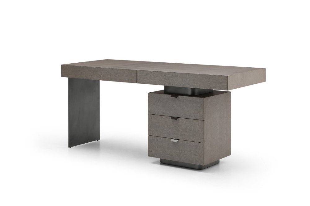 71" Gray Wood and Stainless Steel Computer Desk With Five Drawers