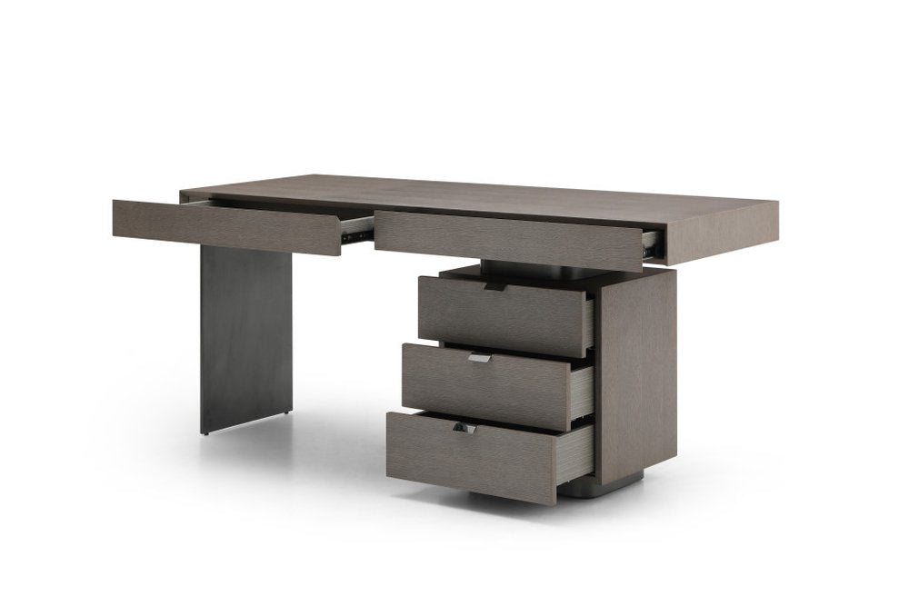 71" Gray Wood and Stainless Steel Computer Desk With Five Drawers