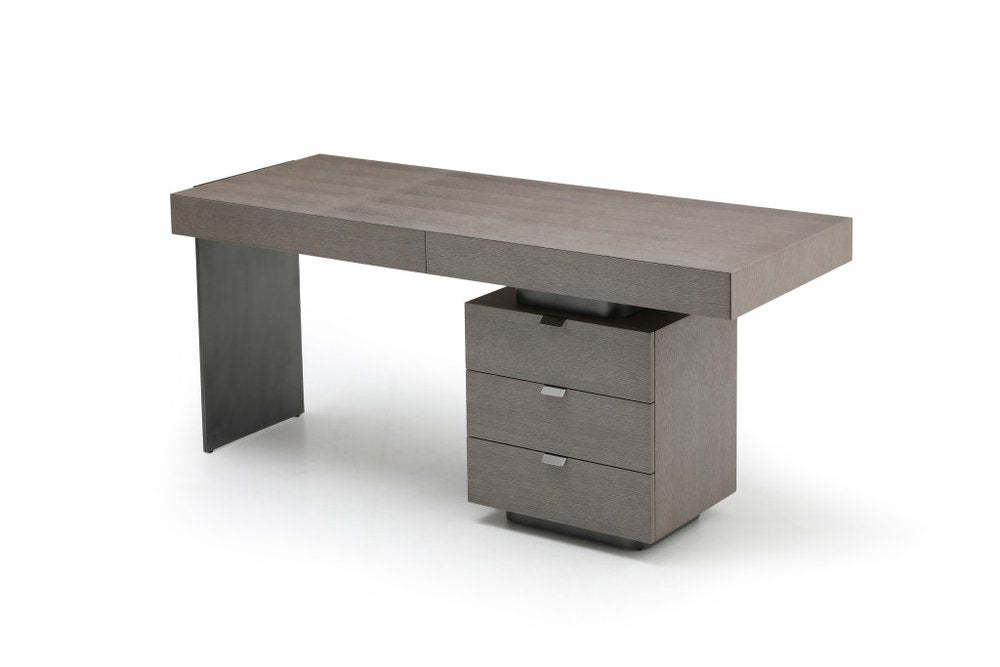 71" Gray Wood and Stainless Steel Computer Desk With Five Drawers