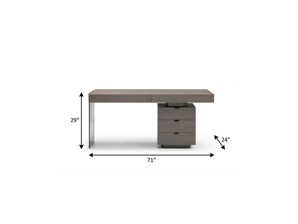 71" Gray Wood and Stainless Steel Computer Desk With Five Drawers