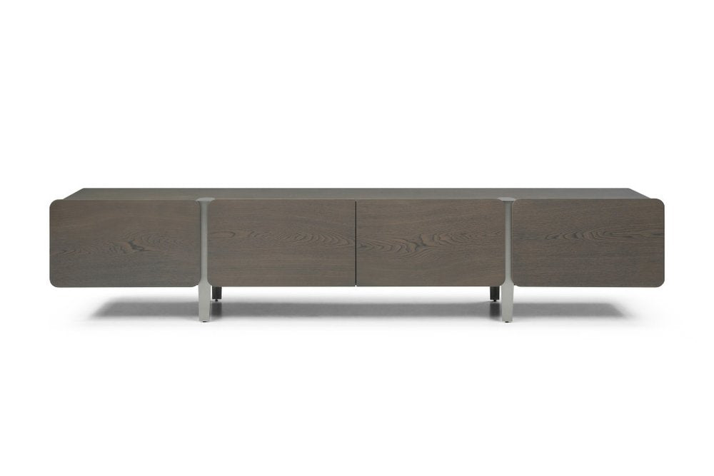 95" Ash Gray And Nickel Wood And Stainless Steel Enclosed Storage TV Stand