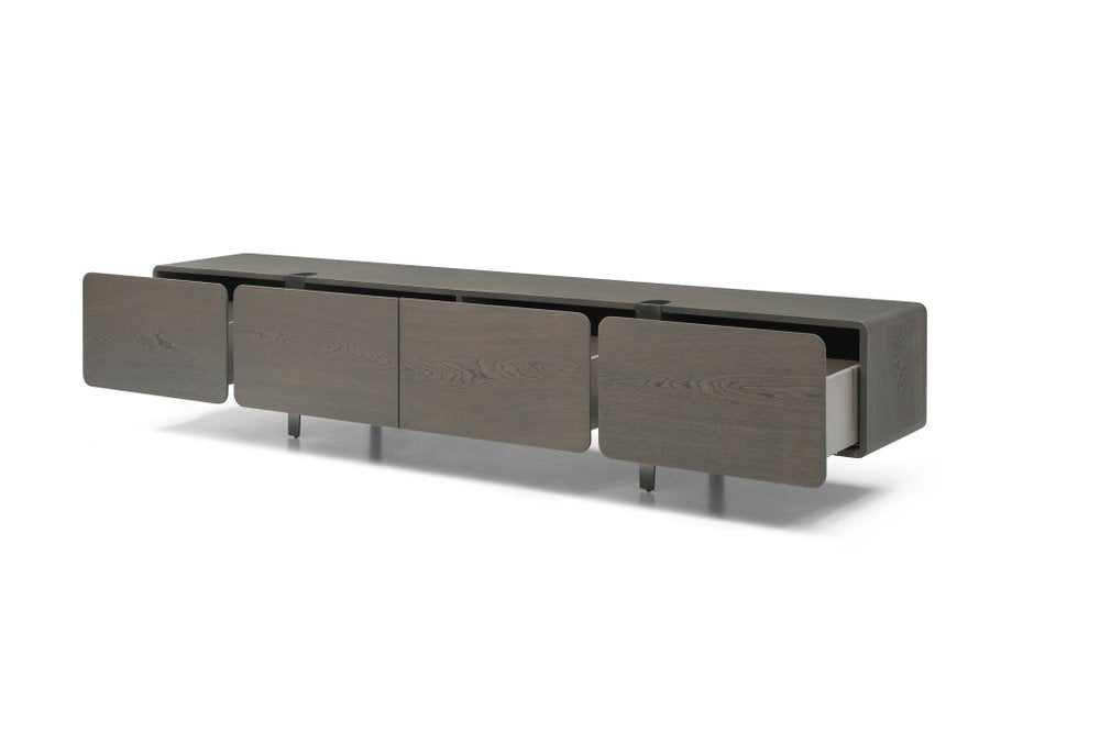 95" Ash Gray And Nickel Wood And Stainless Steel Enclosed Storage TV Stand