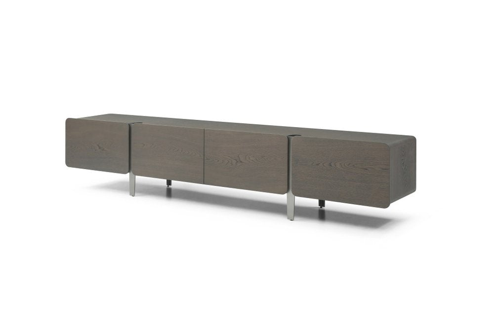 95" Ash Gray And Nickel Wood And Stainless Steel Enclosed Storage TV Stand