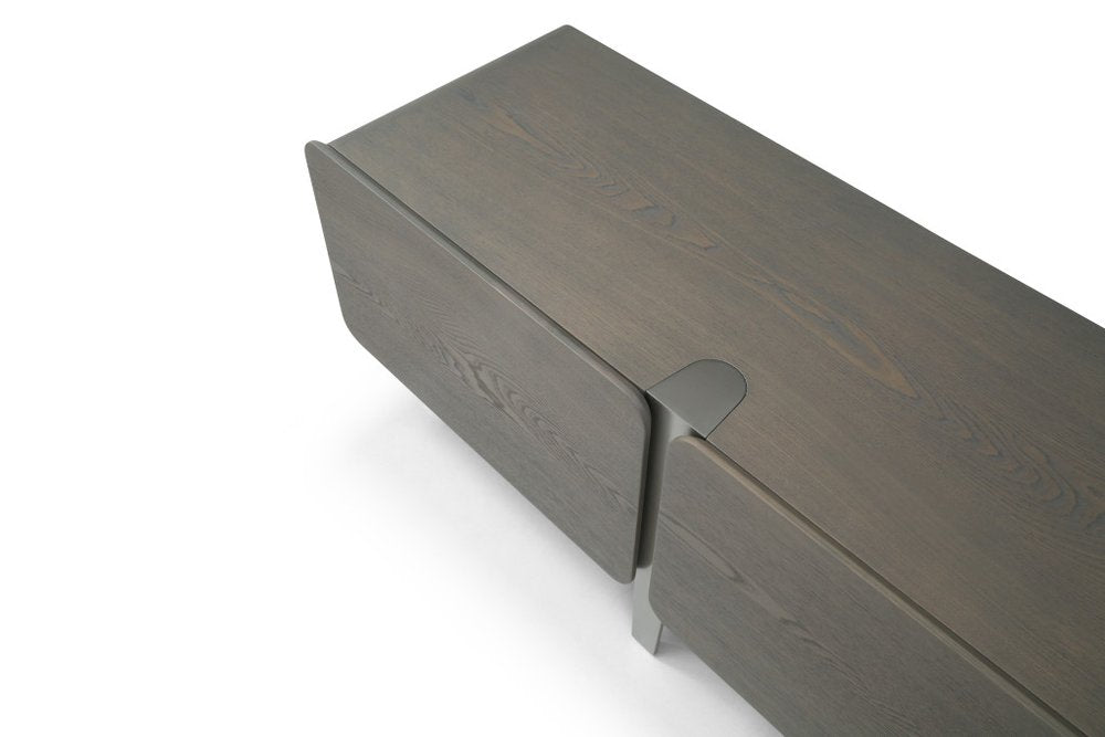 95" Ash Gray And Nickel Wood And Stainless Steel Enclosed Storage TV Stand